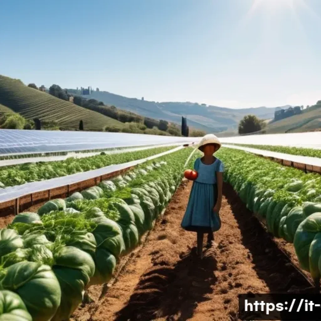 전기분야의 신재생 에너지 적용 사례 - **Prompt:** A sun-drenched Sicilian agricultural greenhouse, rows of vibrant tomato plants thriving ...
