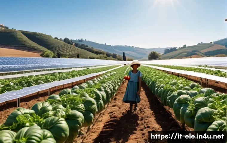 전기분야의 신재생 에너지 적용 사례 - **Prompt:** A sun-drenched Sicilian agricultural greenhouse, rows of vibrant tomato plants thriving ...