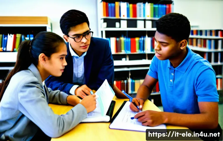 전기기사 시험 대비 스터디 그룹 활용 - **Prompt:** A diverse group of four young adult electrical engineering students, two males and two f...