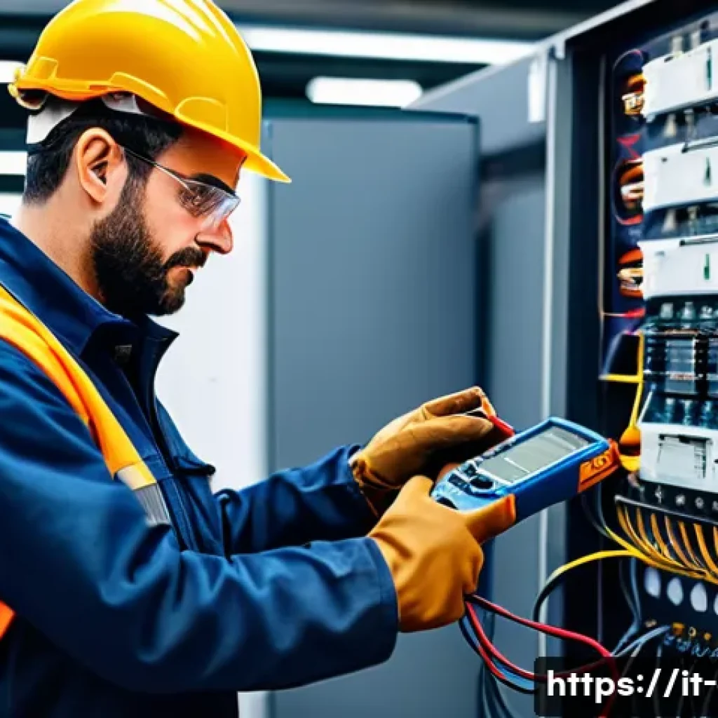 전기기사로서의 장단점 - A skilled Italian electrical technician in a modern industrial setting, wearing protective clothing ...