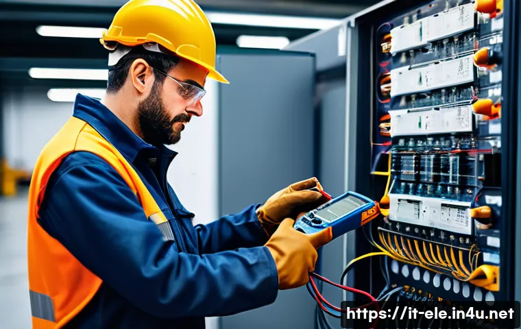 전기기사로서의 장단점 - A skilled Italian electrical technician in a modern industrial setting, wearing protective clothing ...