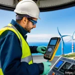 Home 21 전기공사기사와 풍력 발전 시스템 - A skilled wind turbine technician wearing full personal protective equipment including safety helmet...