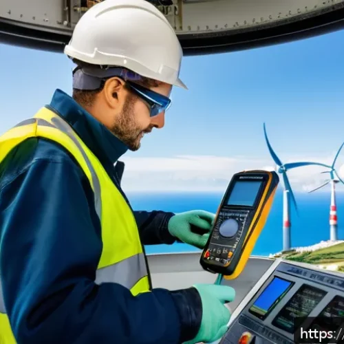 Home 33 전기공사기사와 풍력 발전 시스템 - A skilled wind turbine technician wearing full personal protective equipment including safety helmet...