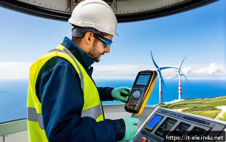 전기공사기사와 풍력 발전 시스템 - A skilled wind turbine technician wearing full personal protective equipment including safety helmet...